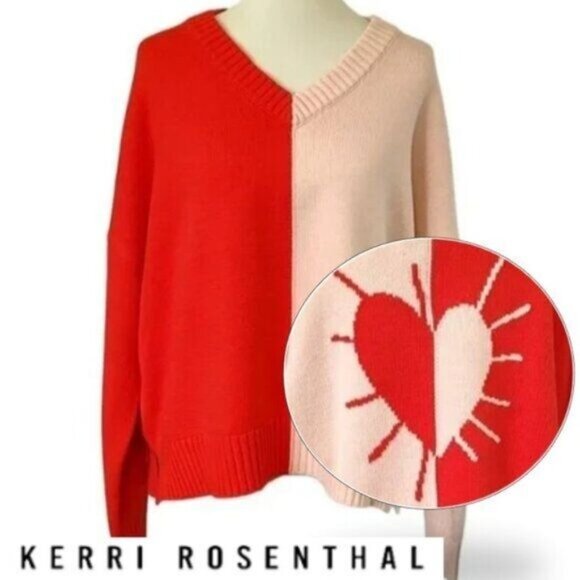 Kerri Rosenthal Sweaters - Kerri Rosenthal Sweater M Cotton Red Pink Colorblock Radiant Heart V-Neck NEW